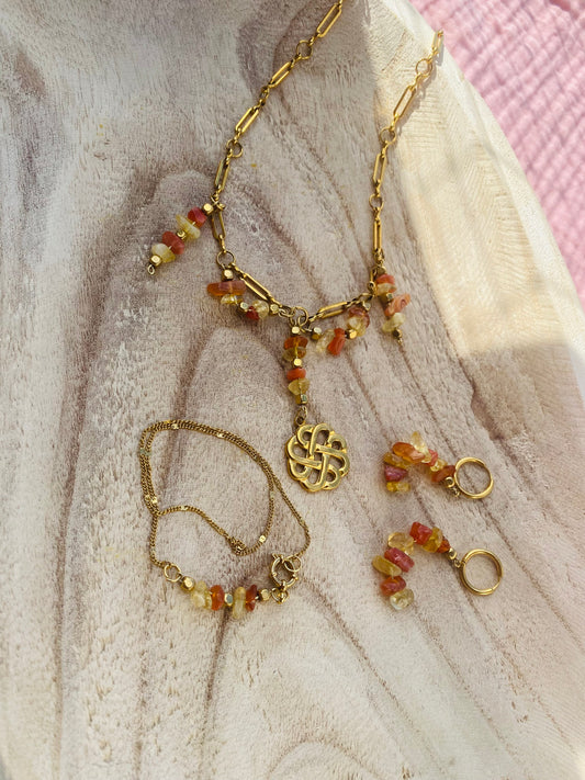 Ensemble Hélios avec citrine brute et agate orange en acier inoxydable plaqué or